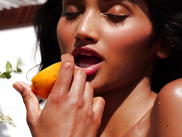Outdoor solo in a sultry summer afternoon with orange juice all over Angel Constance's sexy body