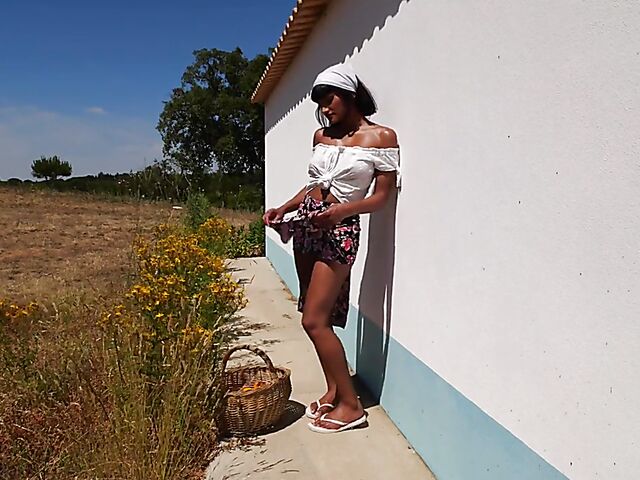 Outdoor solo in a sultry summer afternoon with orange juice all over Angel Constance's sexy body