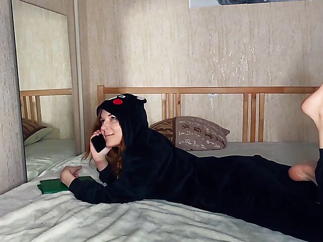 Naughty girl sucks and fucks her dildo while on the phone