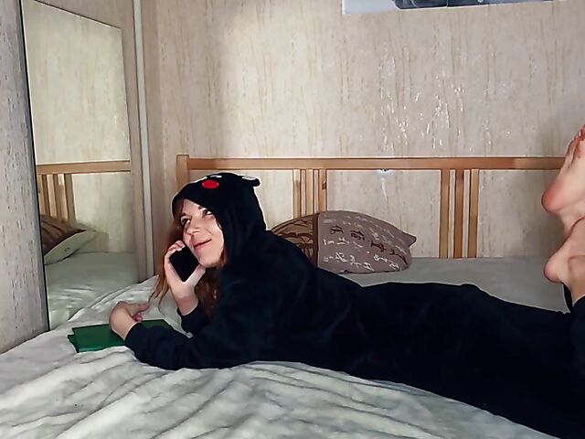 Naughty girl sucks and fucks her dildo while on the phone