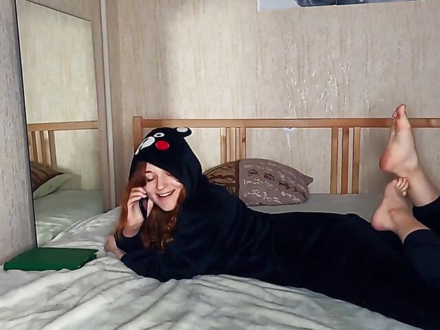 Naughty girl sucks and fucks her dildo while on the phone