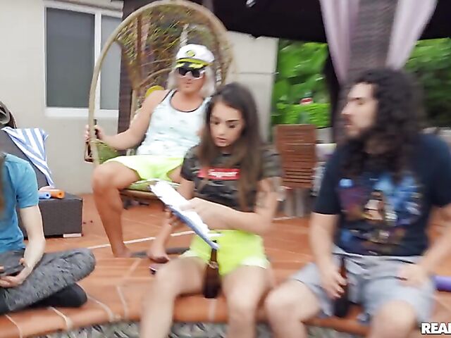 Fake huge tits mature MILF Sally Dangelo fucks a boy outside as Sofie Reyez masturbates in her room