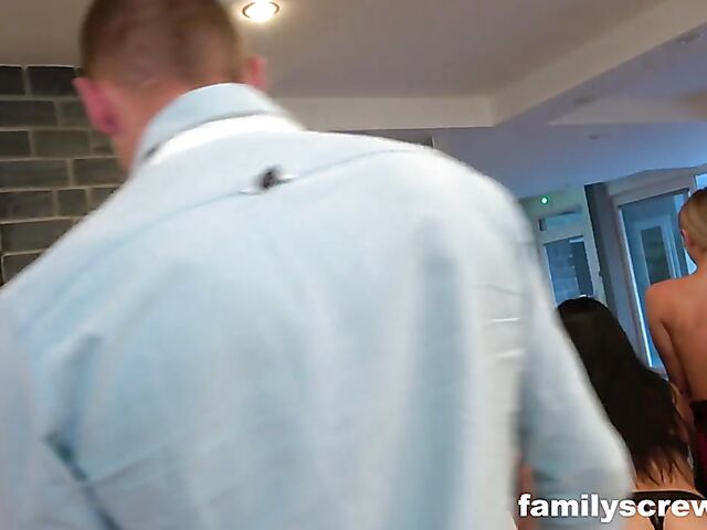 Big old young orgy in the living room in the evening