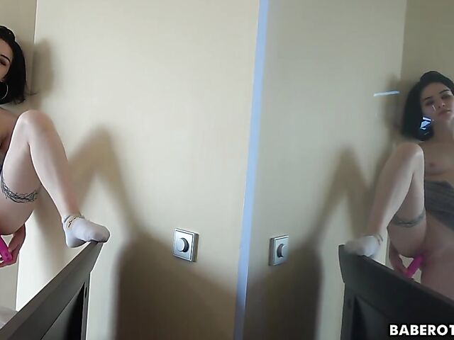 Petite solo chick Candy Black masturbates in her bed with her pink vibrating dildo