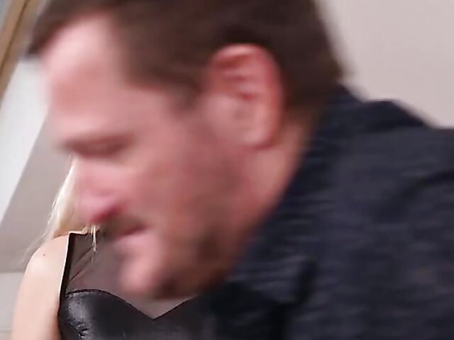 Sexy blonde babe Nikki Hill plays with her shaved pussy and fucks a lucky man