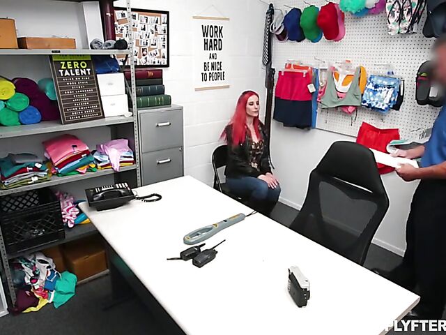 Red-haired MILF shoplifter with big boobies Lilian Stone gets tricked into sex