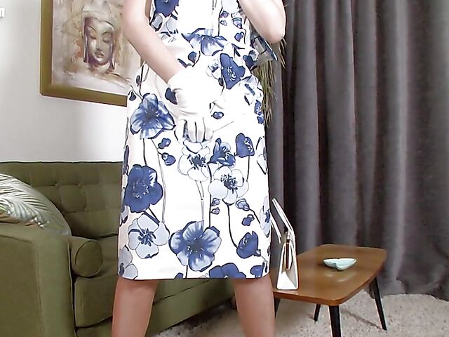 British dirty talk masturbation in vintage lingerie and gloves with blonde Katie Kay