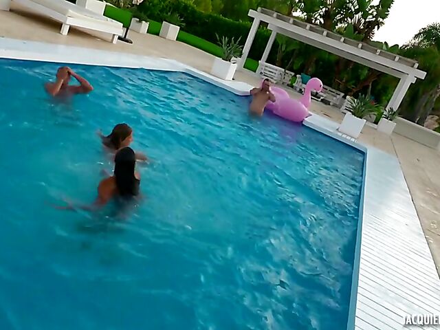 Outdoor group poolside fuck in Ibiza with Cassie and Alexis Crystal