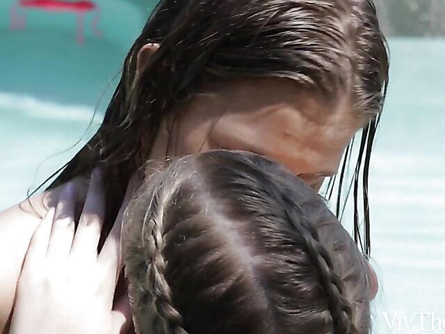 Lesbian pool fun in the summer with Casey A, Sarah Kay and Tiny Tina