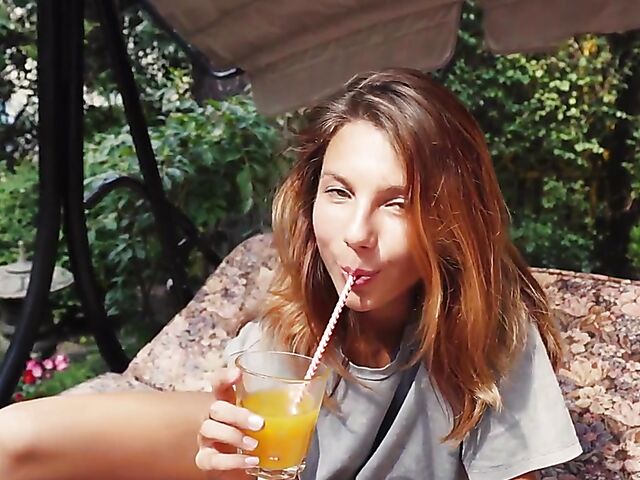 Met Art model with sunglasses Belka stripping and smoking in the garden