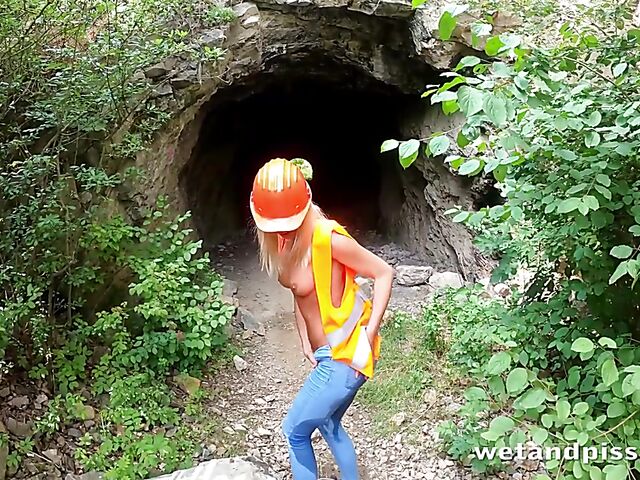 Outdoor pissing in uniform with Claudia Macc