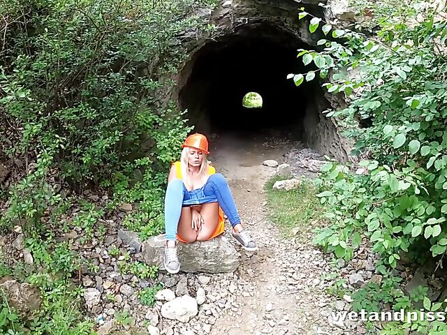 Outdoor pissing in uniform with Claudia Macc