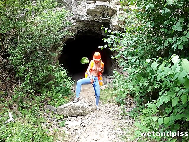 Outdoor pissing in uniform with Claudia Macc