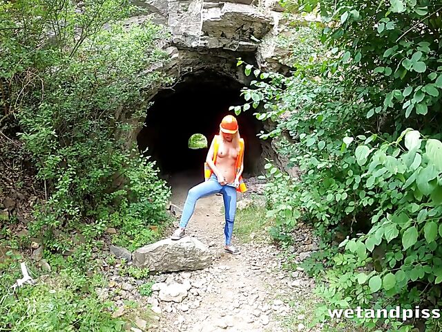 Outdoor pissing in uniform with Claudia Macc