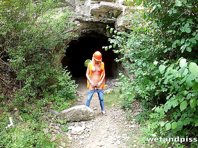 Outdoor pissing in uniform with Claudia Macc
