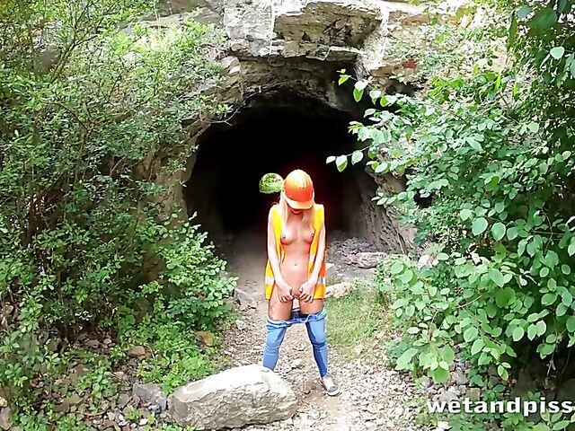 Outdoor pissing in uniform with Claudia Macc