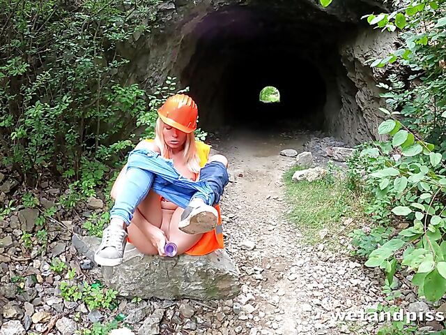 Outdoor pissing in uniform with Claudia Macc