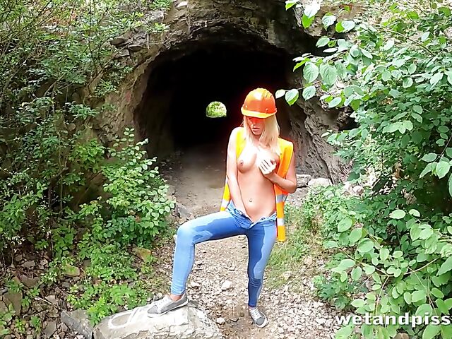 Outdoor pissing in uniform with Claudia Macc