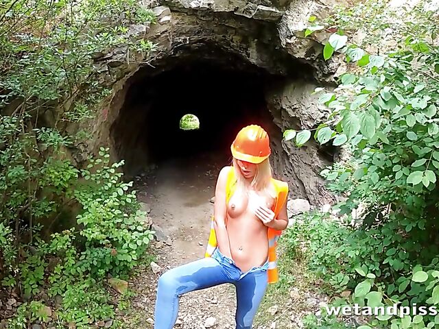 Outdoor pissing in uniform with Claudia Macc