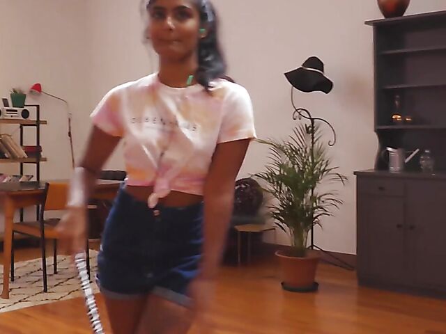 Indian solo girl from Australia Rhea cleaning, stripping, and masturbating