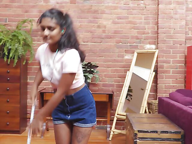 Indian solo girl from Australia Rhea cleaning, stripping, and masturbating