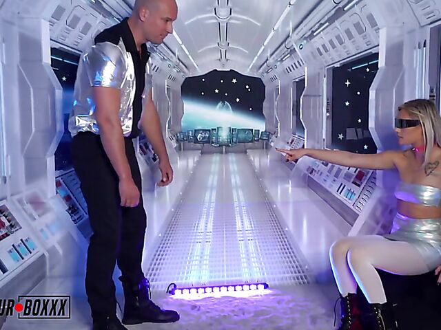 Black boots and white pantyhose sex in the space with Winter Bell