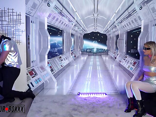 Black boots and white pantyhose sex in the space with Winter Bell