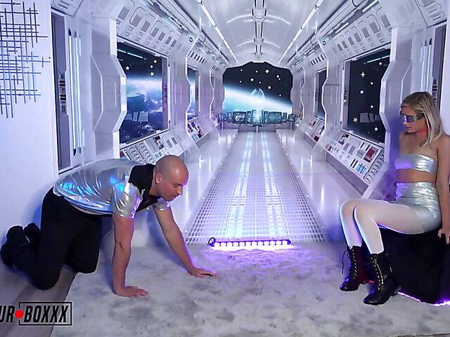 Black boots and white pantyhose sex in the space with Winter Bell