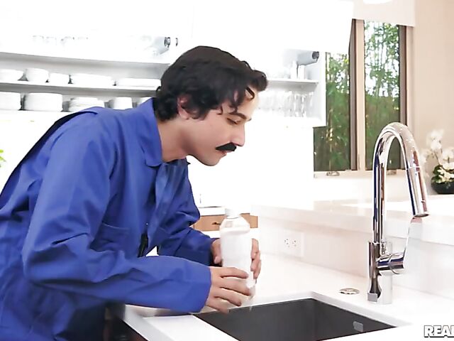 Big tits latina MILF Luna Star fucks the little humping plumber in the kitchen