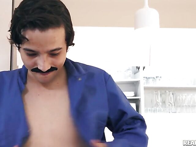 Big tits latina MILF Luna Star fucks the little humping plumber in the kitchen