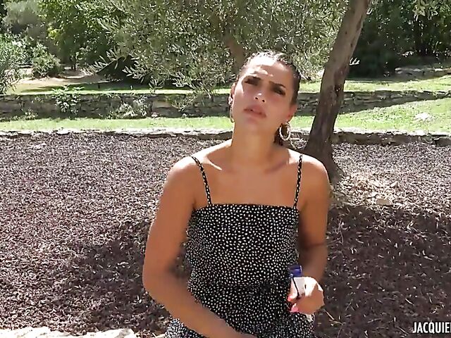 23-year-old French babe from Bordeaux Claudia flashes her pussy outside and fucks indoors