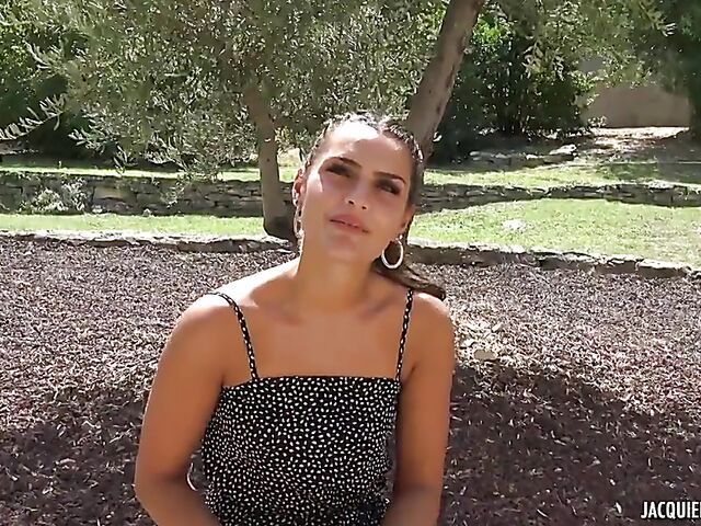 23-year-old French babe from Bordeaux Claudia flashes her pussy outside and fucks indoors