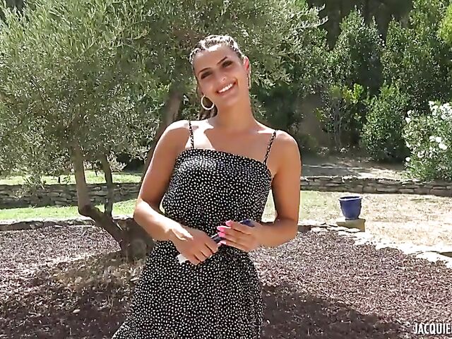 23-year-old French babe from Bordeaux Claudia flashes her pussy outside and fucks indoors