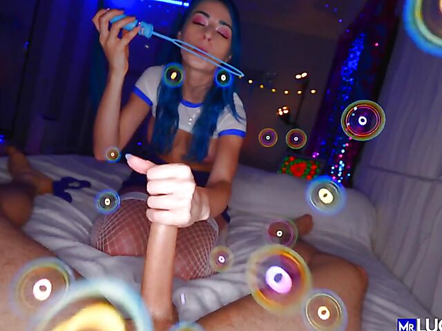 POV fuck with blue hair bubble blower Jewelz Blu