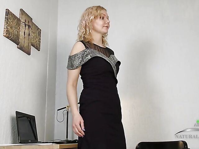 Gerda - Flat chested hairy blonde solo on her desk