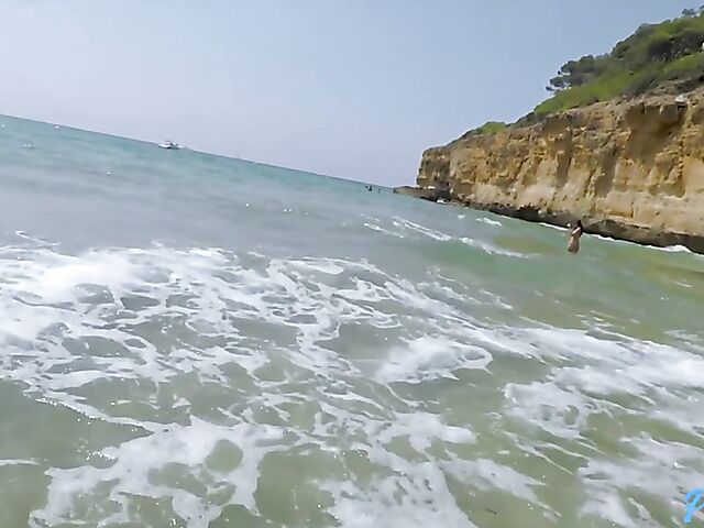 Skinny dipping in the sea and POV beach sex in Valentina Bianco's yellow bikini