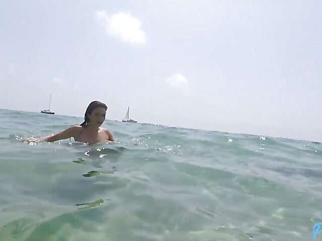 Skinny dipping in the sea and POV beach sex in Valentina Bianco's yellow bikini