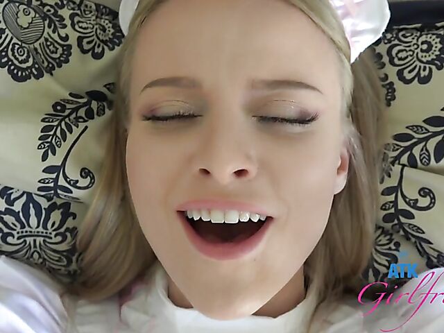 Flirty blonde maid with no panties Paris White takes your cock POV