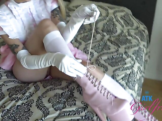 Flirty blonde maid with no panties Paris White takes your cock POV