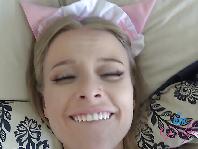 Flirty blonde maid with no panties Paris White takes your cock POV