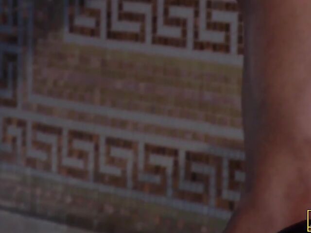 Euro anal threesome by the pool with glammed up Lauryn May getting shared by Riccardo Bell and Marco Nero