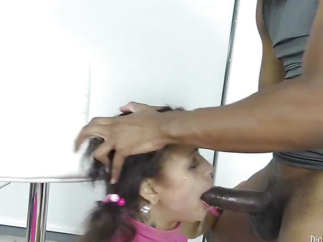 Petite black slut Holly Hendrix gagging and anal fucking