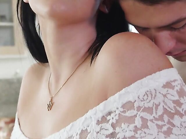 Natural busty Angela White gets it on in the kitchen