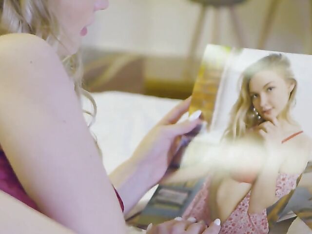 Blonde Sophie Gem sensual fingering solo in her bed