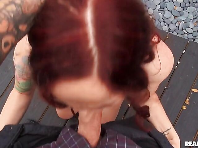 POV redhead slut Maci May gives head and fucks outside 