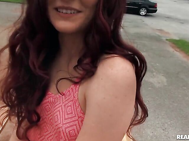 POV redhead slut Maci May gives head and fucks outside 