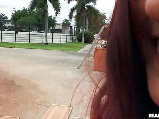 POV redhead slut Maci May gives head and fucks outside 