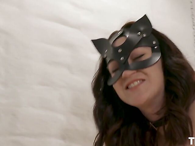 Gentle ass and pussy spanking and crop insertion in bondage with masked Adelyn