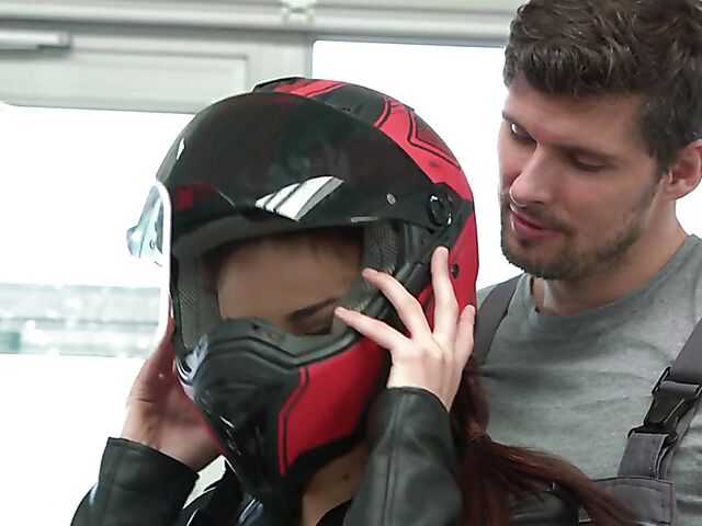 Hot Kate Rich in red latex pants loves riding bikes and cocks