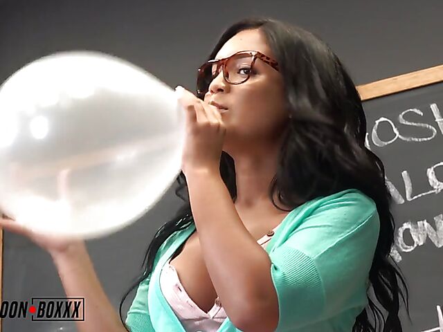 Alina Belle - Exotic babe with glasses solo balloon blowing in the classroom